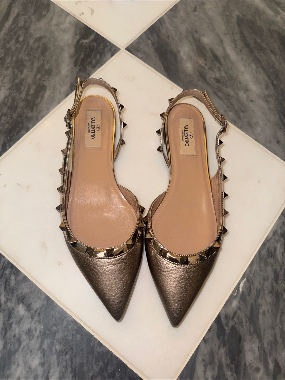 Valentino Metallic Bronze Pointed Slingback Flats with Rockstud Trim